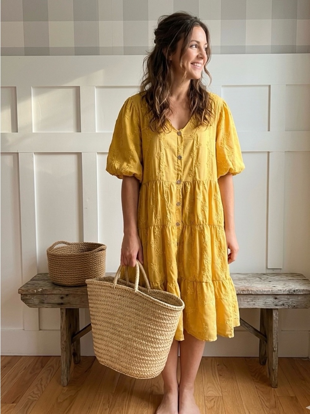 Yellow Button-Front Midi Dress with Puff Sleeves